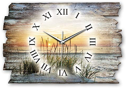 Kreative Feder Designer Wanduhr „Abendspaziergang“ aus Holz 40x27cm im Shabby Style Design - Designeruhr mit flüsterleisem Uhrwerk ohne Ticken (Abendspaziergang, leises Quarzuhrwerk)