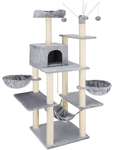 tectake® XXL Kratzbaum groß für Katzen, Zubehör Liegemulden, Katzenhängematte, Katzenhaus, Spielzeug, Sisalseil, Kratzstamm, Katzenbaum, Katzenkratzbaum Höhe ca. 165 cm - grau