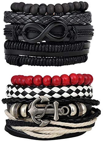 Feilok Set di 4/8 bracciali in pelle da uomo con simbolo dell'infinito, con ancora dell'infinito, lunghezza intrecciata, elasticizzati, in legno, regolabili