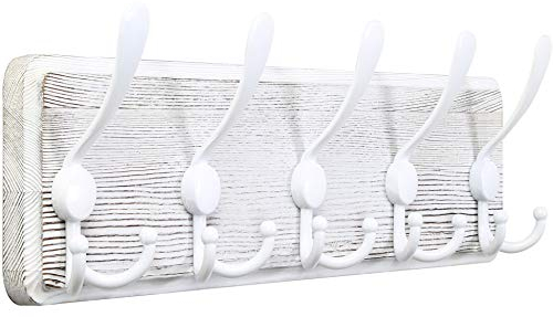 WEBI Porte Manteau Mural Bois,5 Crochets Triples,Patère Murale,44 cm Bois Massif Porte Manteau Salle De Bain pour Manteaux Veste,Blanc