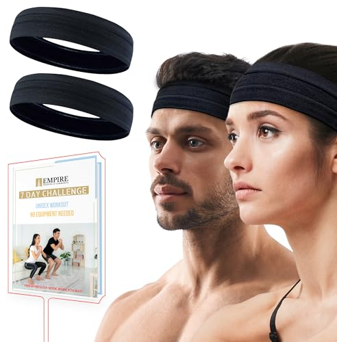 Empire 2 Pack Black Headband, Head Band for Woman Sport Headband for Men, FREE HOME WORKOUT E-BOOK, Gym Hair Band, Running Sweat Bands, Silicon Non Slip Exercise Headbands, Headband Women