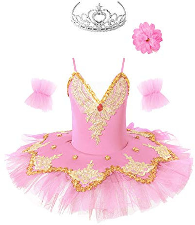 MSemis 4pcs Enfant Fille Justaucorps Danse Tutu Leotard Ballet Robe de Danse Moderne Paillette Robe Patinage Body Jumpsuit Gymnastique Tenue Sport Performance 5-12 Ans Rose or 7-8 ans