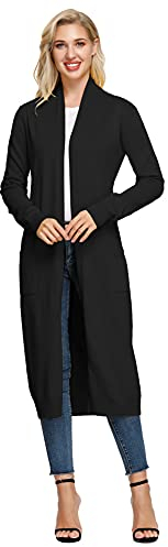 GRACE KARIN Vintage Cardiagn Femme Manches Longue Slim Fit Chaud Poches Manteau Tricot Long Pull Ouvert Grande Taille CLE02380-1 Noir Pur XL