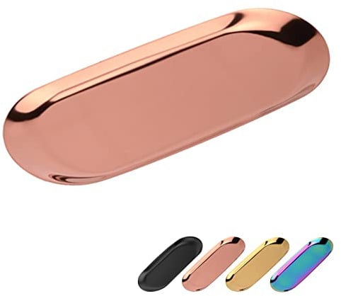 Bymivofun Bandeja Ovalada, Bandejas de Almacenamiento de Acero Inoxidable, para Almacenamiento de Joyas, Aperitivos, Degustación de Té, Velas, Platos, 23 x 9,5 cm (Oro Rosa)