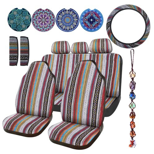 Frienda Baja Autositzbezüge, komplettes Set, Mehrfarbig, gestreift, Boho-Druck, Lenkradbezug, Sicherheitsgurtbezug, Kristall, hängende Ornamente, Autohalterungen, passend für Streifen-Stil, 14-teilig