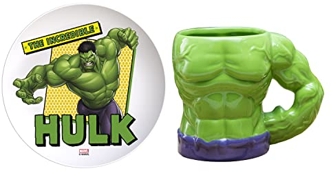 Zak Designs Marvel Lot de 2 tasses et assiettes sculptées en céramique pour café, thé, petit déjeuner ou dessert, souvenir de collection de personnages 3D (2 pièces, sans BPA, Hulk)