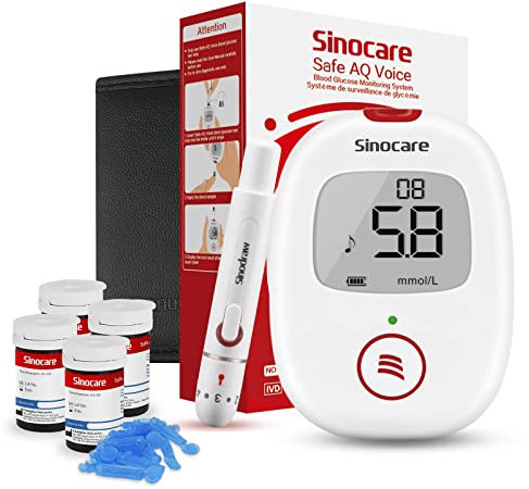 sinocare Diabetes Testing Kit/Blood Glucose Monitor Safe AQ Voice/Glucometer with Voice Reminder & Light Warning, Blood Sugar Test with Strips x 100 & Case -in mmol/L