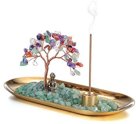 JSDDE Arbre de Vie Bouddha Zen Pierre Décoration Porte-encens Bouddha Cristaux Ornements de Maison Jardin Cadeau Fête des Mères