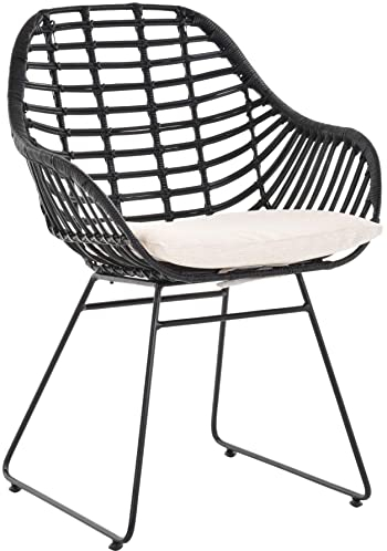 Korb-Sessel Retro-Stil Rattan Club-Sessel 50er Eisen-Gestell Korbstuhl mit Armlehne (Schwarz mit Kissen)