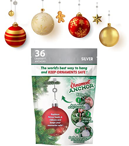 ORNAMENT ANCHOR Haken zum Aufhängen von Weihnachtsdekorationen - Rutschfeste, Robuste Weihnachtsbaumschmuck-Aufhänger für Große Ornamente - 36 Silber