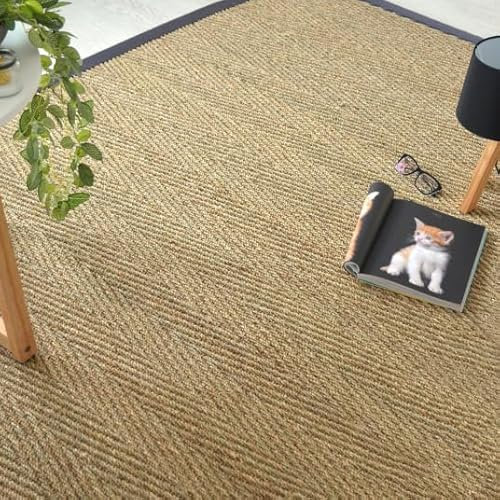 Decoweb Tapis Jonc de mer - Assam Chevron - Ganse Coton Anthracite - 120 x 170 cm