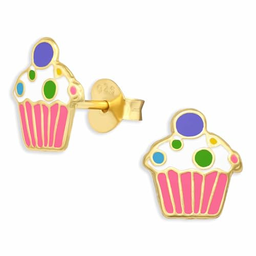 Monkimau Cupcake Kuchen Ohrstecker Ohrringe aus 925 Silber Schmuck Silberohrringe Medizinisch für Kinder Mädchen Damen Frauen Gold plattiert