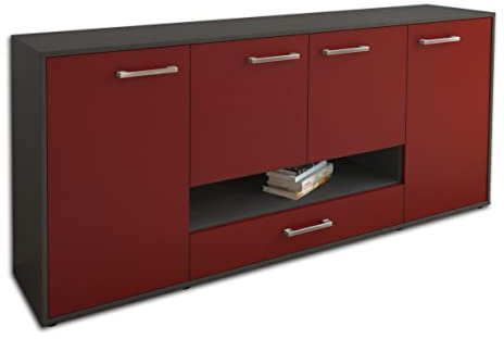 Kommode Sideboard Felicitas, Korpus in anthrazit matt, Front im trendigem Rot/Bordeaux (180x79x35cm), inkl. Metall Griffen, Made in Germany