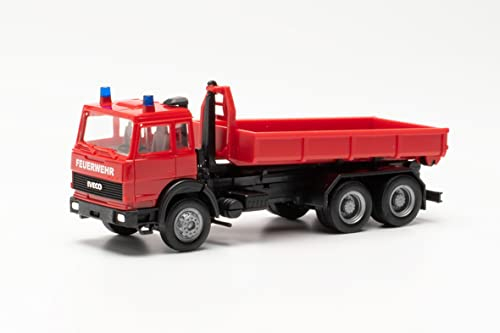 Herpa LKW Modell, Magirus Abrollmulden-LKW Feuerwehr, originalgetreu im Maßstab 1:87, Modell LKW für Diorama, Modellbau Sammlerstück, Deko Miniaturmodelle aus Kunststoff
