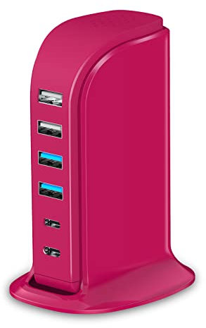 USB Charging Station Multiports Upoy, Charging Hub 6 Ports Dual Type-C, USB Tower Fast Charging for Tablets, Cellphones, Smart Watch, and More Electronic Gadgets, Portable Design, Travel Essentials