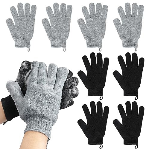 Exfoliating Gloves for Large Hands, Extended and Large Double Sided Shower Gloves (4 Pairs/8 Pieces) for Shower, Spa, Massage, Large Bath Gloves (4 Pieces Black and 4 Pieces Grey)