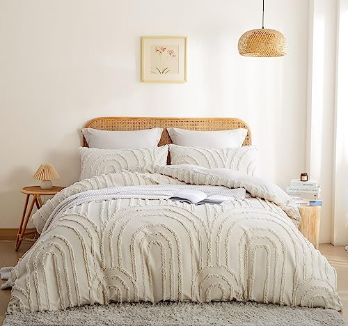 Lanqinglv Beige Bettwäsche 220x240cm Boho Getuftet Exquisite Handgefertigt Stickerei Geometrisch Chic Getuftet Vintage Bettbezug Doppelbett mit Reißverschluss und 2 Kissenbezüge 80x80cm