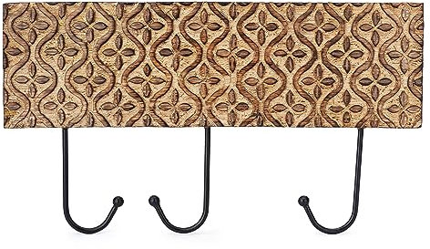 Ajuny Porte Manteau Mural en Bois avec 3 Crochets et Feuille Fleurie Conception pour Suspendre des Vêtements Peignoirs Serviettes Manteaux Décoration d'intérieur Cadeaux - 37.5 X 21 CM
