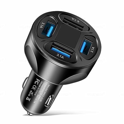 4 Port Car Charger, LED Voltmeter Fast Charger, 12V/24V USB Socket, for iPhone, Android, iPad & More Phone Tablets