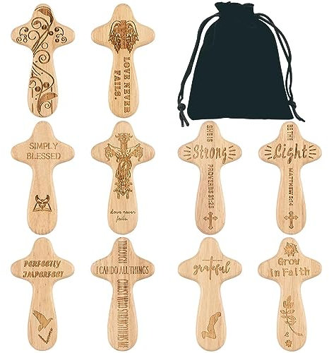 Visiblurry Kleines Holzkreuz - Tragbare Haltetasche mit hängendem Kreuzanhänger zum Gebet, 10 Stück | Heimdekorationen mit Samtbeuteln für Taufen, Baby-Willkommenspartys, Geburt eines Kindes