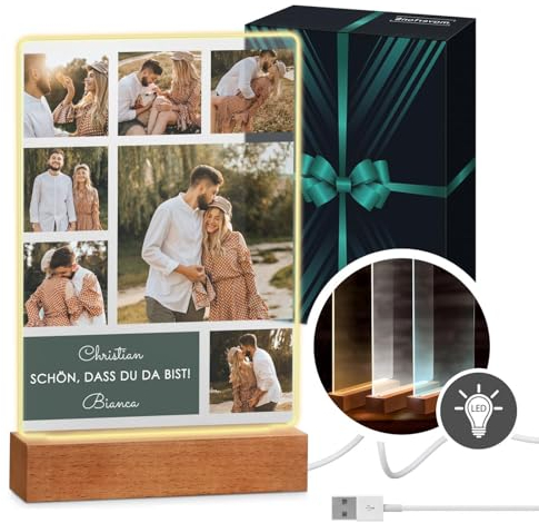 Maverton beleuchteter LED-Rahmen mit Holzständer - personalisiertes Acryl Glasbild mit eigenem Foto mit LED-Beleuchtung - Glasfoto für Männer zum Geburtstag - Größe: 15x24x4,5cm - Collage
