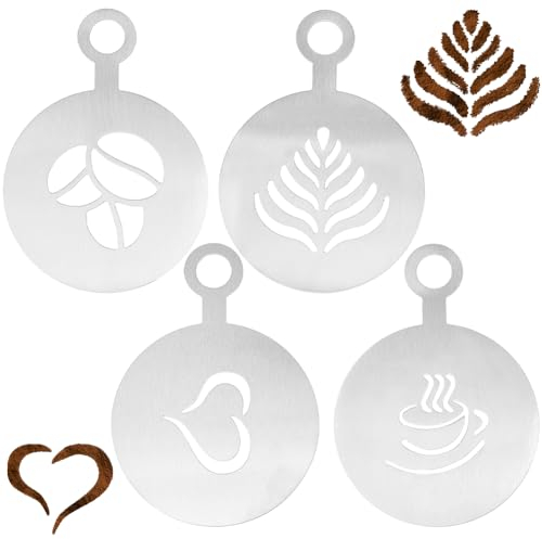 GORGECRAFT 4 Stili Stampo per caffè Latte Decorativo Stencil Acciaio Inossidabile Cioccolato Cuore Foglia Metallo Biscotti Cocktail Stencil Barista Cappuccino Strumenti Foam Art Modelli