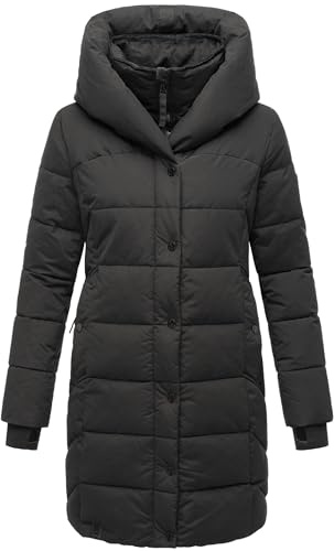 Navahoo Damen Wintermantel warmer Steppmantel lang mit Kapuze und abnehmbarem Fleece-Kragen Knutschilein XS-3XL