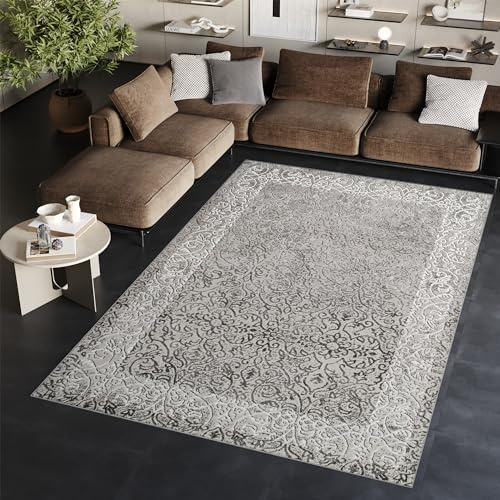 TAPISO Ares Teppich Kurzflor Glänzend Dunkelgrau Weiß Blumen Rahmen Floral Klassisch 3D Effekt Wohnzimmer Schlafzimmer ÖKO-TEX 80 x 150 cm
