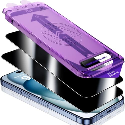 UniqueMe Protector Pantalla Privacidad para iPhone 15, Alineación Automática, Eliminación Automática del Polvo, Grado Militar Inastillable, Cristal Templado con Cobertura Total -2 Pack