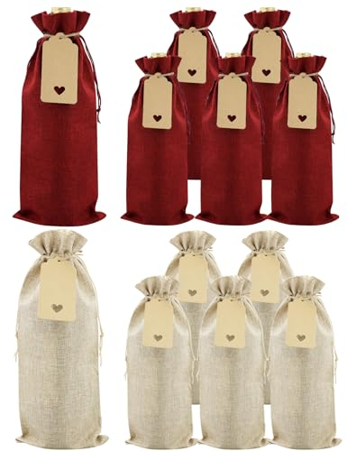 12 bolsas de vino de yute de y 12 etiquetas de regalo, bolsas de regalo reutilizables de arpillera para vino, bolsas de vino, bolsas de vino para bodas, fiestas, degustaciones a ciegas
