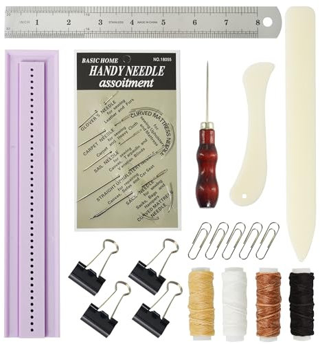 UPTTHOW 19 Pcs Signature Punching Tools for Bookbinding Supplies with an Awl and Cradle, Needle, Waxed Thread, Ruler, Bone Folder, Paper Clip, Plastic Easy Scrapbooking Kits for DIY Crafts, Notebook