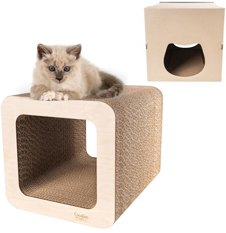 Creative Pets Katzen Kratzbrett | Kratzpappe verstärkt mit Sperrholz | Natürliche Kratzbretter | Robuste Kratzmöbel Katze | 2in1 Kratzbaum + Katzenhöhle | Hochwertige Pappe | Groß 37 x 30 x 30 cm