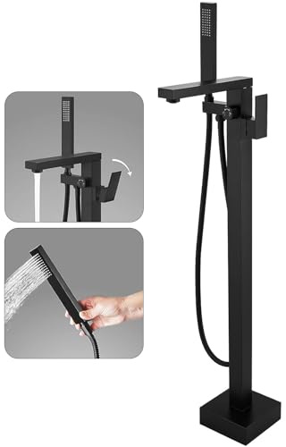 FAHKNS Grifo de bañera independiente negro mate montado en el suelo, grifo de latón de alto flujo con ducha de mano