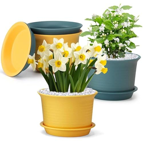 VIEWALL Bunte Pflanztopf mit Untersetzer, 4 Stück 15 cm Blumentopf mit Loch, runde Blumentöpfe aus Kunststoff für aussen und innen, Pflanztöpfe für Fenster, Küche, Balkon, Büro