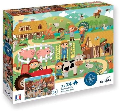 Calypto 3907707 Bauernhof & Stadt, 2x24 Teile Puzzle-Set mit Soft-Touch, Kinderpuzzle mit großen Teilen und samtiger Oberfläche inkl. Puzzleposter, für Kinder ab 3 Jahren, Nachauflage