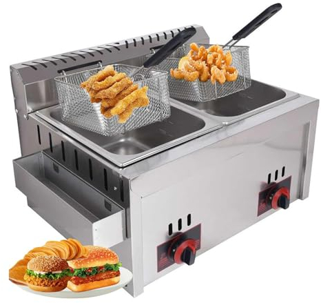 Friggitrice a GPL In Acciaio Inossidabile,Friggitrice a Gas Di Grande Capacità 10 * 2L,Friggitrice a Gas Commerciale Professionale Con Controllo Della Temperatura,Ideale Per Uso Domestico E Commercial