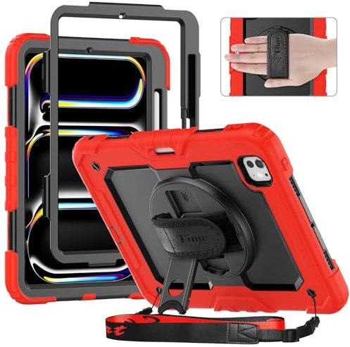 timecity Für iPad Pro 11-Zoll M4 2024 5. Generation Tasche mit Integriertem Bildschirmschutz, 360° Drehbarem Ständer, Verstellbarem Schultergurt, Magnetischer Ladestifthalterung