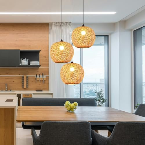 COOYO Lampes Suspendues vintage en rotin lustre en bambou naturel lustre Suspension en osier tressé à la main abat-jour E27 réglable en hauteur Table Chambre à coucher Étude Salon à manger lustre(3 co