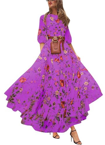Onsoyours Abito Lungo Casual da Donna Scollo A V Maxi Vestito Abiti Lunghi Fiori Abitoa Maniche Lunghe Spalle Scoperte Maxi Abito con Tasche Vestito da Cocktail 06 Viola 3XL