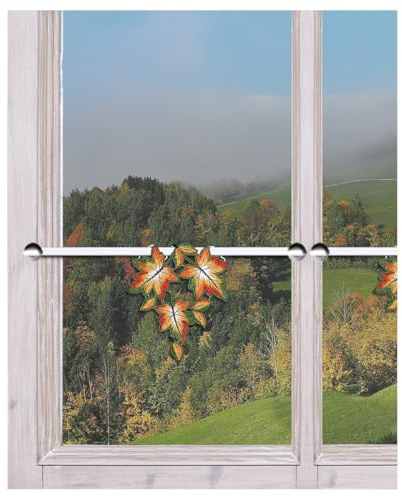 Mini-Spitzengardine Blätter im Wind Echte Plauener Spitze Herbst-Scheibenhänger mit Buntem Laub 14 x 13 cm