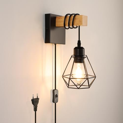 FORCOSO Wandleuchte Innen mit Schalter, Vintage Wandlampe mit Stecker Kabel, E27 Wand Lampe Holz Braun Schwarz, Rustikal Retro Industrial Wandbeleuchtung Wall Light Indoor Wohnzimmer Schlafzimmer Flur