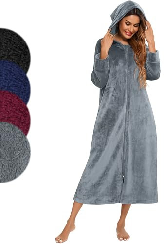 Minicoco Accappatoio da donna in pile con cerniera intera, soffice e super morbido, con cappuccio, in flanella spessa, calda e soffice, con tasche, Grigio scuro, XXL