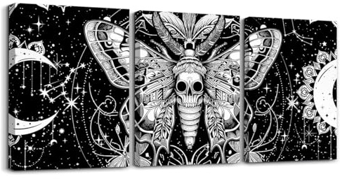 Loussiesd Todesmotte Badezimmer-Wandkunst für Heimdekoration, 40 x 30 cm, 3 Stück, Halloween-Dekor, 3-teilig, Leinwand-Wandkunst für Wohnzimmer, Totenkopf-Mottendekoration, Büro, Wanddekoration,