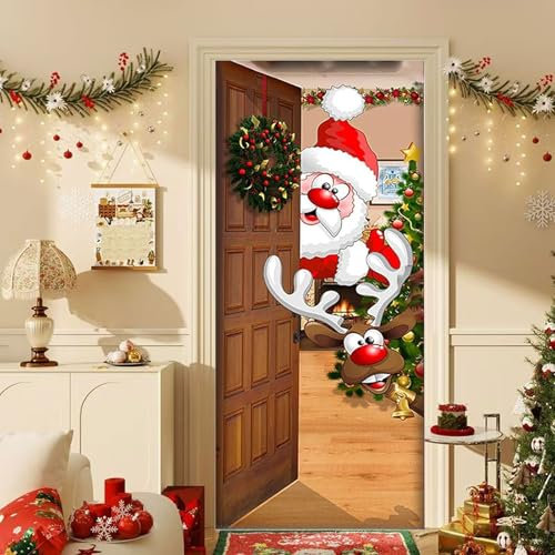 Hyfkjdm Weihnachtsdeko Tür Banner, 200 X 90 cm Weihnachten Tür Abdeckung, Türabdeckung Weihnachten Weihnachtsmann, Weihnachten Tür Abdeckung Dekoration, für Haus Haustür Veranda Weihnachten Deko