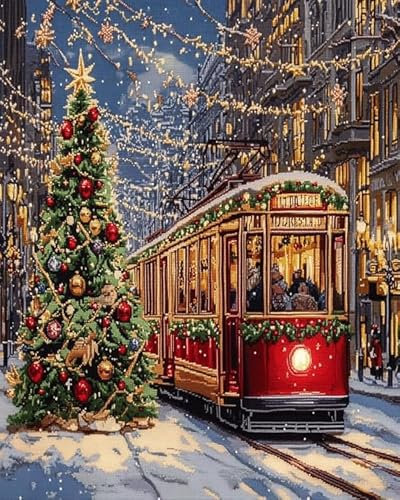 ANSIWEIGO Winterlandschaft Malen nach Zahlen Set,Weihnachtstram in der Stadt,Handgefertigte digitale Ölgemälde,Eine Mischung aus Kunst und Kunsthandwerk(40x50cm,Ohne Rahmen)
