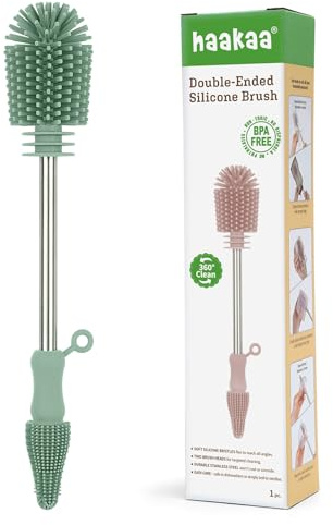haakaa Cepillo de limpieza de silicona para biberones, cerdas de silicona suave de doble extremo para extractores de leche, colectores de leche materna, biberones, tetinas, bolsas de almacenamiento de
