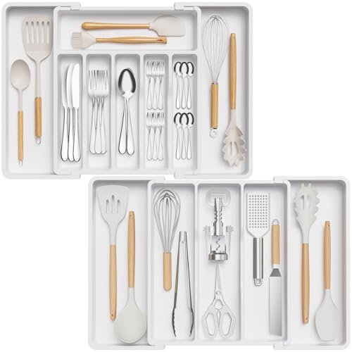 Lifewit Besteckkasten für Schubladen Set, Erweiterbarer Großer Besteckkasten für Küche, Verstellbarer Besteckeinsatz für Schubladen, Kunststoff Küchenutensilien Organizer für Backen/Besteck, Weiß