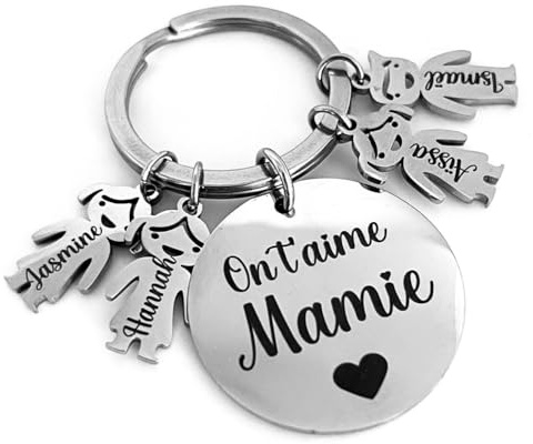 Porte-clés Mamie Personnalisé Élégant – Médaille Ronde Gravée – Prénoms des Petits-Enfants – Bijou Chic en Acier Inoxydable