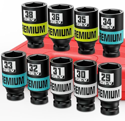 Aurlloct 9Pcs 1/2 Drive Impact Socket Set, 29-38 mm Axle Nut Socket Set, Automotive Trucks Car Tires Tractors Engines Repairing DIY Mechanic Tool