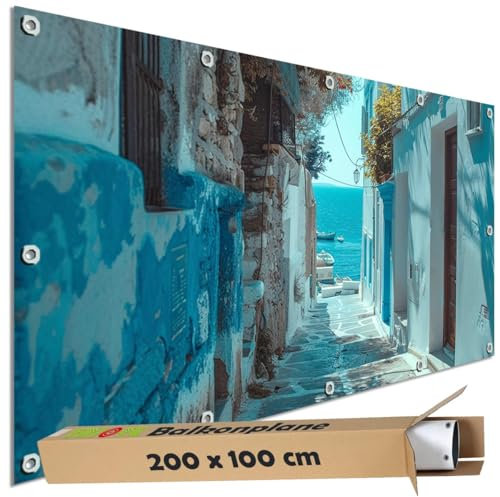 TRIOSK Sichtschutz Balkon Deko Plane Balkonblende Blickdicht mit Motiv Griechenland Meer Gasse Blau für Garten Terrasse Gartenzaun Balkonverkleidung Blickschutz PVC groß 200x100 cm